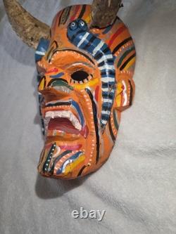 South American Folk Art Devil Mask Horns Hand Carved Wood Wall Hanging Vintage