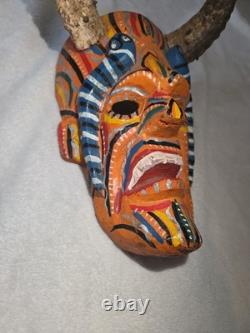 South American Folk Art Devil Mask Horns Hand Carved Wood Wall Hanging Vintage