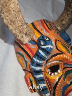 South American Folk Art Devil Mask Horns Hand Carved Wood Wall Hanging Vintage