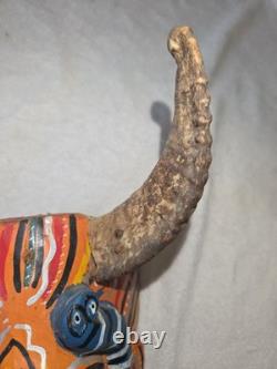 South American Folk Art Devil Mask Horns Hand Carved Wood Wall Hanging Vintage
