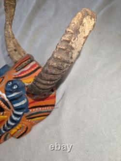 South American Folk Art Devil Mask Horns Hand Carved Wood Wall Hanging Vintage
