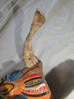 South American Folk Art Devil Mask Horns Hand Carved Wood Wall Hanging Vintage