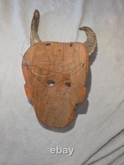 South American Folk Art Devil Mask Horns Hand Carved Wood Wall Hanging Vintage