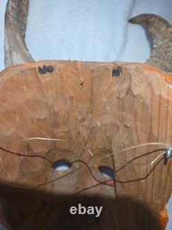 South American Folk Art Devil Mask Horns Hand Carved Wood Wall Hanging Vintage