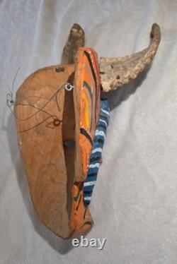 South American Folk Art Devil Mask Horns Hand Carved Wood Wall Hanging Vintage