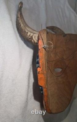 South American Folk Art Devil Mask Horns Hand Carved Wood Wall Hanging Vintage