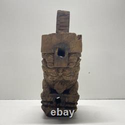 South Asia Wood Carving 14in Tall Folk Art Temple Lion Sculpture