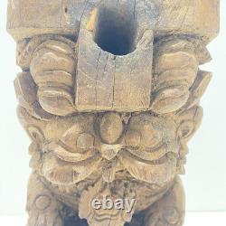 South Asia Wood Carving 14in Tall Folk Art Temple Lion Sculpture