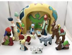 Southern Folk Art Outsider carved wood 14p Christmas Nativity Set David James