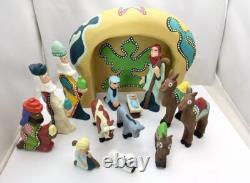 Southern Folk Art Outsider carved wood 14p Christmas Nativity Set David James