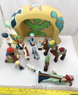 Southern Folk Art Outsider carved wood 14p Christmas Nativity Set David James