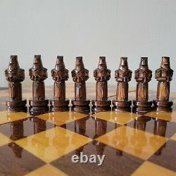 Soviet folk art 70s hand carved chess set Wooden russia vintage USSR antique