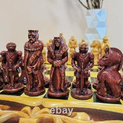 Soviet folk art 80s hand carved chess set Wooden russia vintage USSR antique