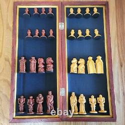 Soviet folk art 80s hand carved chess set Wooden russia vintage USSR antique