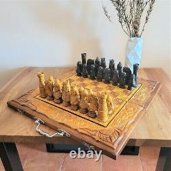 Soviet folk art hand carved chess set Wooden russia vintage USSR antique