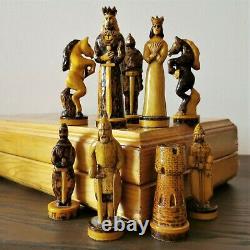 Soviet folk art hand carved chess set Wooden russia vintage USSR antique