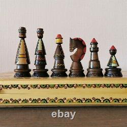 Soviet hand carved chess set Wooden russia vintage USSR antique Folk art