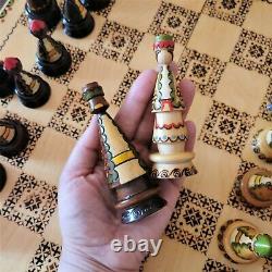 Soviet hand carved chess set Wooden russia vintage USSR antique Folk art