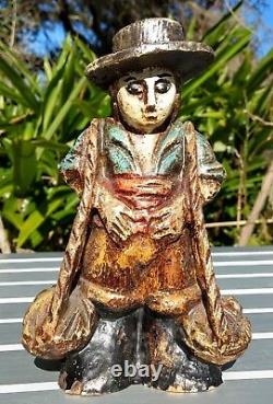 Spanish Primitive Wood Carved Statue Marked Polychrome Peasant Vintage Folk Art