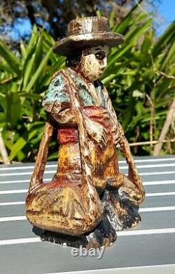 Spanish Primitive Wood Carved Statue Marked Polychrome Peasant Vintage Folk Art