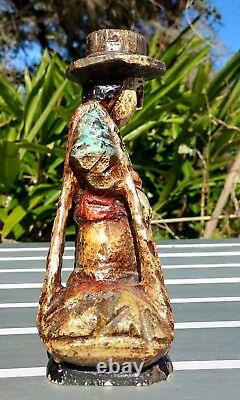 Spanish Primitive Wood Carved Statue Marked Polychrome Peasant Vintage Folk Art