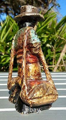 Spanish Primitive Wood Carved Statue Marked Polychrome Peasant Vintage Folk Art