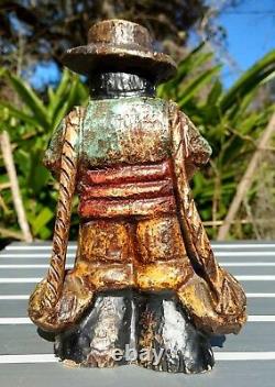 Spanish Primitive Wood Carved Statue Marked Polychrome Peasant Vintage Folk Art