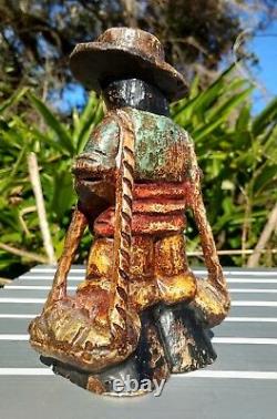 Spanish Primitive Wood Carved Statue Marked Polychrome Peasant Vintage Folk Art