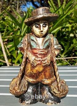 Spanish Primitive Wood Carved Statue Marked Polychrome Peasant Vintage Folk Art
