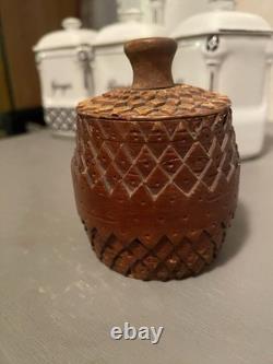 Stunning hand carved small Round Covered Box, 3 Tall 19th C. Folk Art