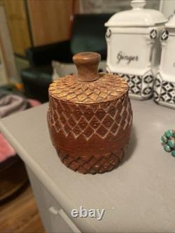 Stunning hand carved small Round Covered Box, 3 Tall 19th C. Folk Art