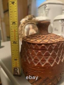 Stunning hand carved small Round Covered Box, 3 Tall 19th C. Folk Art