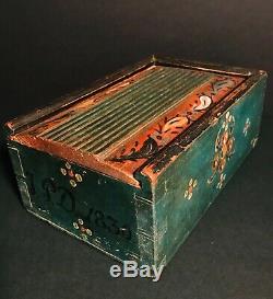 Super Pa Folk Art Painted Wood Sliding LID Candle Box, D. 1830, Teal Blue, Excellent