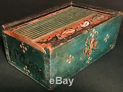 Super Pa Folk Art Painted Wood Sliding LID Candle Box, D. 1830, Teal Blue, Excellent