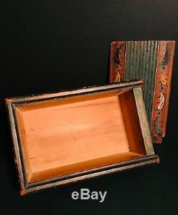 Super Pa Folk Art Painted Wood Sliding LID Candle Box, D. 1830, Teal Blue, Excellent