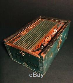 Super Pa Folk Art Painted Wood Sliding LID Candle Box, D. 1830, Teal Blue, Excellent