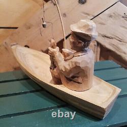 Swedish Folk Art Fisherman Canoe Figurine Wood Carved Boat 11 Vtg Swanky Barn