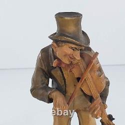 Swiss Hand Carved Vintage Folk Art Statue Fiddle Violin Player Sculpture