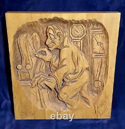 TIC TAC CLOCKS Bas Relief Wood Carving Sculpture Signed Jacques Lisee 1982 CA