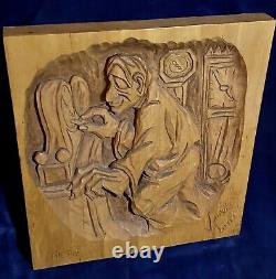 TIC TAC CLOCKS Bas Relief Wood Carving Sculpture Signed Jacques Lisee 1982 CA