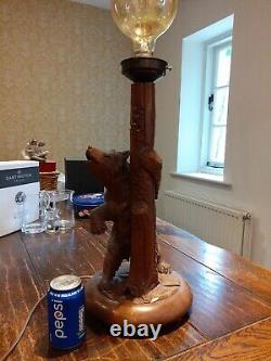 Tall antique Black Forest table/desk lamp folk art art carved Bear