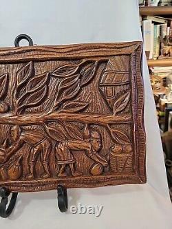 Teak Handcarved Polynesian Plaque Antique'Coconut Harvest