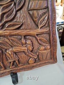 Teak Handcarved Polynesian Plaque Antique'Coconut Harvest