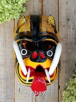 Tiger Dance Mask Big Tusks Wood Hand Carved Olinalá Guerrero Mexican Folk Art