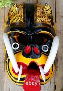 Tiger Dance Mask Big Tusks Wood Hand Carved Olinalá Guerrero Mexican Folk Art