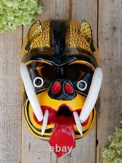 Tiger Dance Mask Big Tusks Wood Hand Carved Olinalá Guerrero Mexican Folk Art
