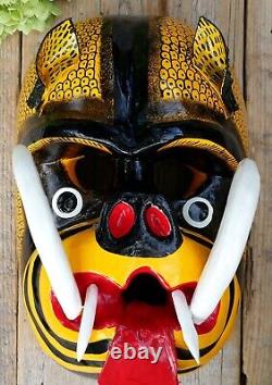 Tiger Dance Mask Big Tusks Wood Hand Carved Olinalá Guerrero Mexican Folk Art