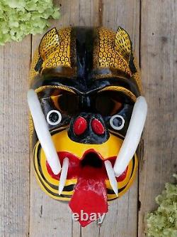 Tiger Dance Mask Big Tusks Wood Hand Carved Olinalá Guerrero Mexican Folk Art