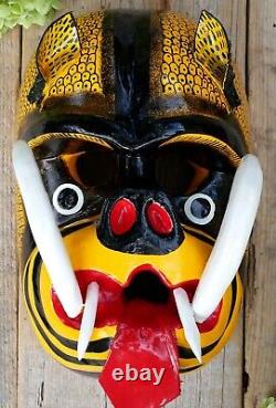 Tiger Dance Mask Big Tusks Wood Hand Carved Olinalá Guerrero Mexican Folk Art