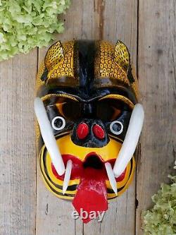 Tiger Dance Mask Big Tusks Wood Hand Carved Olinalá Guerrero Mexican Folk Art